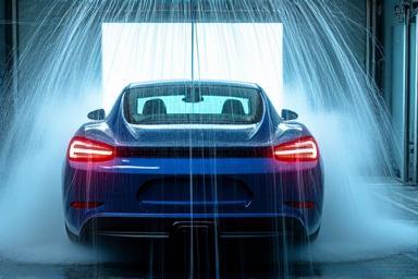 Car going through an exterior car wash process