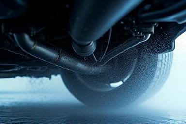 View of a car's underside being sprayed clean